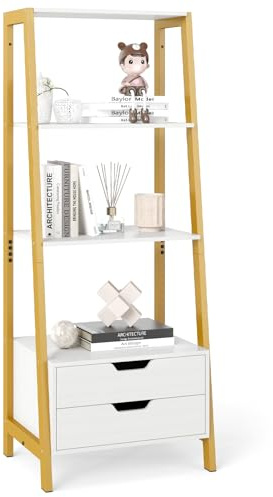 COSTWAY Leiterregal freistehend, 134cm Bücherregal mit 4 offenen Regalen und 2 Schubladen, vielseitiges Standregal für Schlafzimmer, Wohnzimmer, Home Office (weiß und golden)