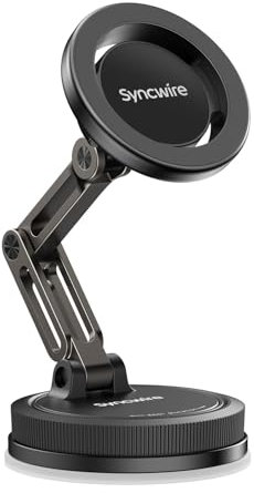 SYNCWIRE Soporte para Coche MagSafe [Diseño Plegable Doble de 3 Ejes], Soporte de Teléfono con Ventosa Fuerte, Rotación de 360°, Compatible con iPhone Series 12-17 y Fundas MagSafe, Negro Mate