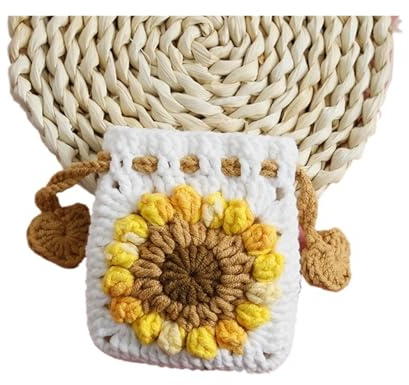 GXMDSGZ Gestrickte Tasche Sonnenblumen Häkeln Geldbörse Gestrickt Mini Kordelzug Damen Tasche Schlüssel Ring Geeignet FüR Partys(White)