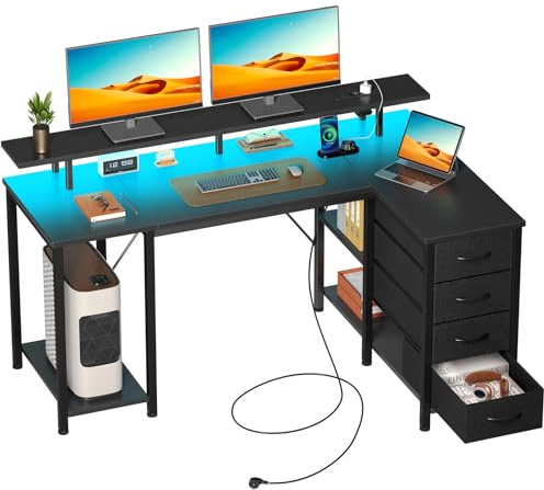 Rolanstar Schreibtisch mit 4 Schubladen & 3 Ablagen, Computertisch mit Steckdosen & LED Beleuchtung, Gaming Schreibtisch L Form für Schlafzimmer, Wohnzimmer, Homeoffice, Büro (Schwarz, 120 cm)