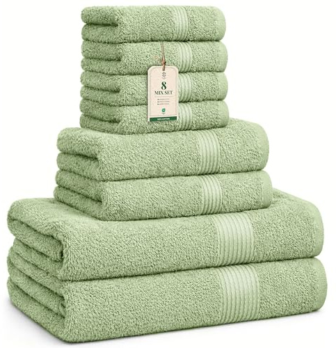 HomeBurg Luxe Set asciugamani 8 pezzi: salviette (30×30 cm), asciugamani (40×70 cm) & teli bagno (65×137 cm) – 100% cotone, morbidi, assorbenti, Verde Salvia