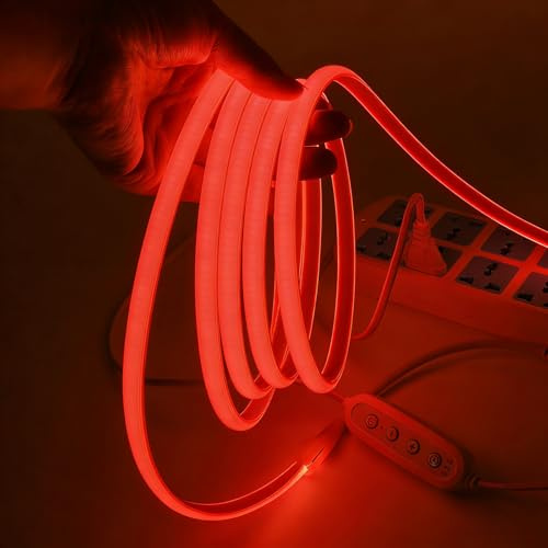 XUNATA 230V COB Neon LED Streifen, Dimmbar 288LEDs/m Superhell Hohe Dichte LED Strip Lights mit Netzteil, Wasserdicht IP65 Diffusion Flex COB LED Leiste Lichtband Strip (Rot, 5M)