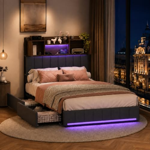 LIVLUX Polsterbett 90x200 cm mit 4 Schubladen,Jugendbett mit LED und USB,Stauraumbett mit Kopfteil,Gepolstertes Bettgestell mit Lattenrost,Leinen (Grau, 90 x 200 cm)