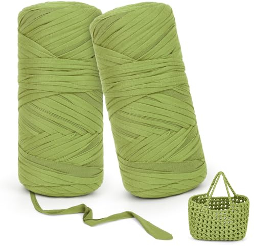 Aeelike Tshirt Häkelgarn für Anfänger, 2×200g T-shirt Häkel Garn, Grasgrün | 2cm Textilgarn zum Häkeln, Bändchengarn für DIY-Kunsthandwerk, Heimdekoration, Taschen, Körbe, Decke