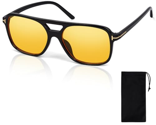 vsshe Night Driving Glasses, Retro Double Bridge Rectangle Square Anti-Glare Night Vision Glasses, Polarized Yellow Lenses UV400 Protection for Women Men Nighttime Rainy Foggy Driving Travel