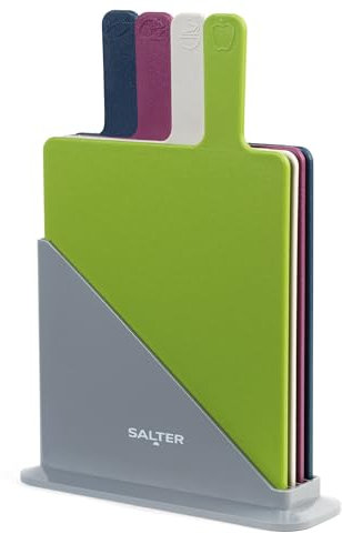 Salter Colour Coded Chopping Boards – Set Of 4, Reversible, Non-Slip Stand, Index Style Chopping Board Set, Paddle Handles, Food Preparation Indicators, Dishwasher Safe, Slim Organised Kitchen Storage