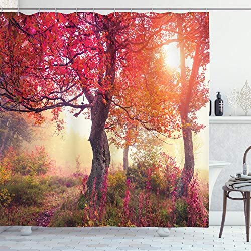 ABAKUHAUS Natur Duschvorhang, Blumen im Park Herbst, Stoffliches Gewebe Badezimmerdekorationsset mit Haken, 175 x 240 cm, Rotbraun