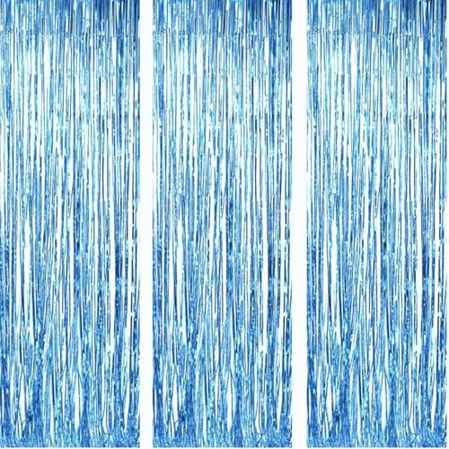 AILEXI 3 Stück Vorhänge, metallisch, mit Folie, Fransen, schimmernd, Vorhang, Tür, Fenster, Dekoration, für Geburtstag, Party, Hochzeit, 92 x 245 cm, Hellblau