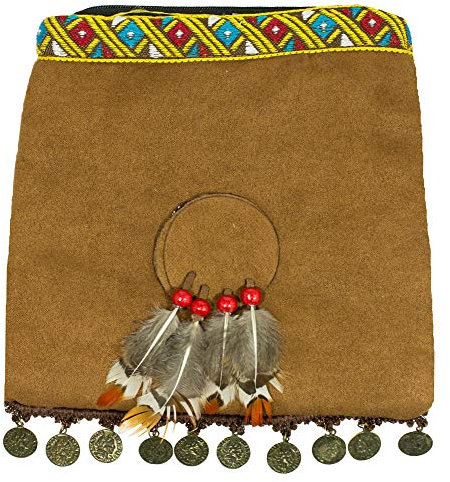 Das Kostümland Indianer-Handtasche mit Federn und Münzen - Braun - Umhängetasche für Erwachsene, Wilder Westen Karneval Mottoparty Indianerinkostüm
