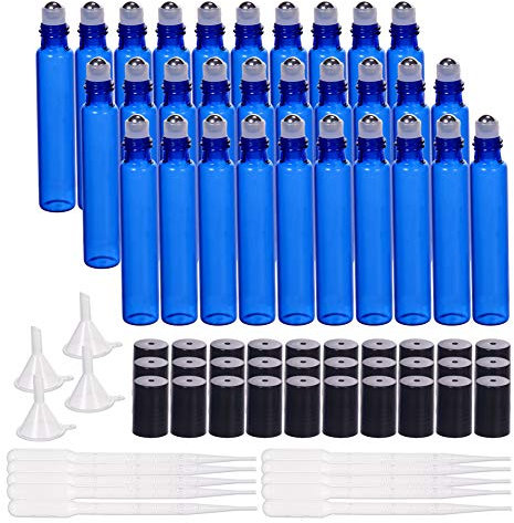 BENECREAT 30PCS Bouteilles à Rouleaux en Verre Bleu Cobalt de 10 ML Bouteille à Rouleaux à Huile Essentielle avec Billes en Acier Inoxydable, pipettes 10PCS et Entonnoir 4PCS pour huiles
