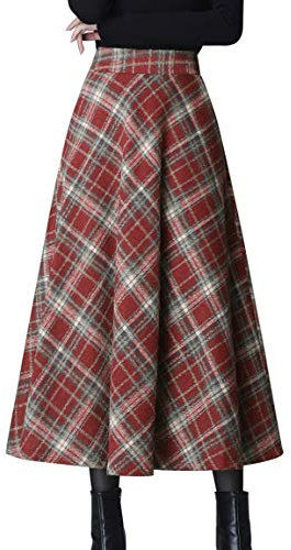 Moviendress Gonna a Vita Alta Donna Lunga Scozzese Lana Invernali Vintage Caldo Quadri Eleganti Pieghe Gonna Lunghe (M, Arancione Rosso)