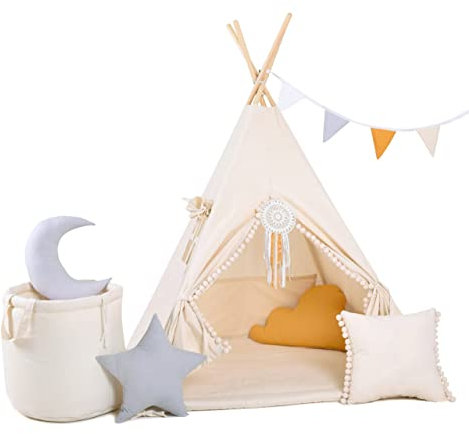 Rainbow Kids Tipi Zelt für Kinder | Baumwollsegeltuch Tippi Kinderzelt, Mehrere Muster und Farben mit und ohne Spielzubehör für Outdoor- und Indoor-Kinderspaß (Beiger Wolf, mit Zubehör)