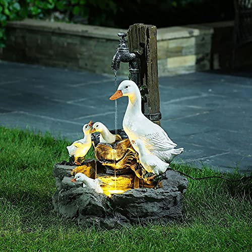 Reiei - Statua da giardino con luce solare a forma di scoiattolo/anatra for famiglie, giardino a cascata autoportante in resina, decorazione fontana