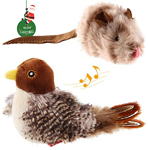 PETGEEK GiGwi Chirping Bird Cat Toys 2 Pcs - Melody Chaser Realistic Bird & Mouse Plush Toy - Hangable Design Best Gift For Birthday, Thanksgiving, Christmas, New Year