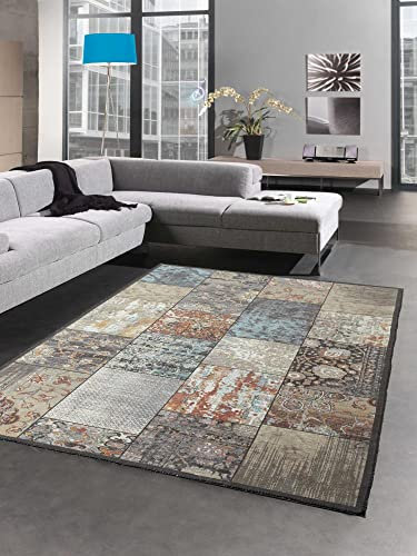 CARPETIA Eleganter Teppich mit Quadraten modern orientalisch Gemustert bunt braun grau orange Größe 80x150 cm