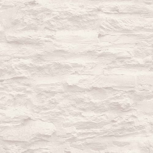 Papier peint imitation pierre beige | Tapisserie brique banche pour cuisine | Papier peint intissé trompe l'oeil pour salon & couloir