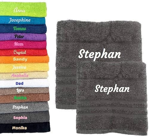 Pet-Jos 2er Pack Personalisiertes Handtuch und Badetuch mit Namen Schön gestickter Name Handbadetuch 100 % Baumwollhandtuch 50 x cm + 140 70 Personalized Custom Towel with (Grau)