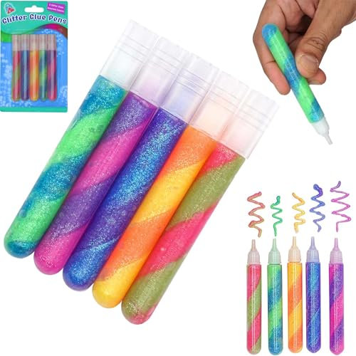 5x Washable Glitter Glue Pens for Kids, Rainbow Swirl Colors, Non-Toxic Craft Supplies for Card Making, Arts & Crafts, Slime, Sparkling 10.5ml Tubes, Ideal for Kids 3+ Years