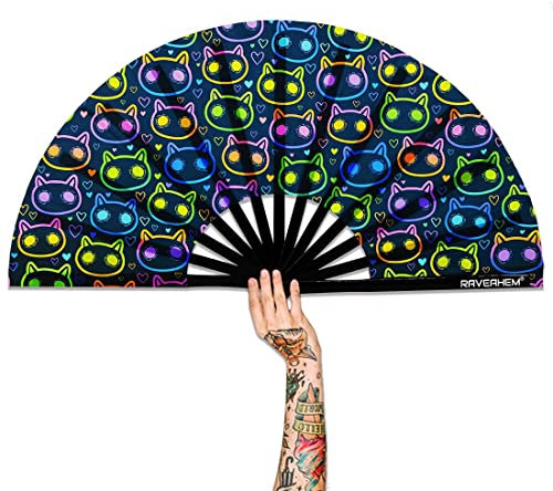 Raveahem UV Glow Rave Fan, Bamboo Folding Clack Hand Fan for Men Women (Cute Cat, Large 13)