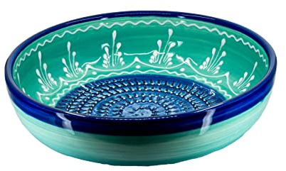 Kaladia - Reibeschüssel/Keramikhobel - ideal zum Gewürze reiben und Servieren von Gerichten - Motiv: Türkis/Blau - Durchmesser: 23 cm - handgemacht & handbemalt - Made in Spain