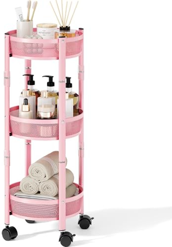 TOOLF Faltbarer Rollwagen mit 3 Ebenen, aus Metall, zusammenklappbar, kein Zusammenbau, multifunktionaler Organizer mit feststellbaren Rädern für Küche, Wohnzimmer, Badezimmer, Rosa