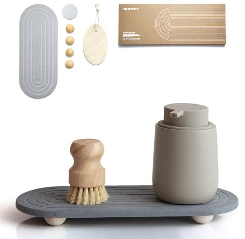RIOMZY Organiseur d'évier à séchage instantané – Plateau en pierre absorbant l'eau pour comptoir de cuisine, salle de bain, évier à séchage rapide (avec pieds en bois et luffa naturel, gris)