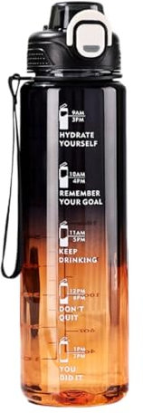 Mi Ko Mi Ka Botella de Agua Deportiva de 1 Litro | Sin BPA | Boquilla para Deporte de Varios Tipos | Opción Con Texto Motivacional (Negro Naranja #C)