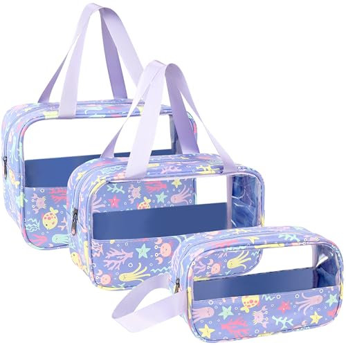 LEcylankEr Trousse de Toilette Transparente 3 Pièces, Trousse de Toilette PVC Étanche pour Femme, Trousse de Maquillage Légère pour Voyage Set (Imprimé Violet)