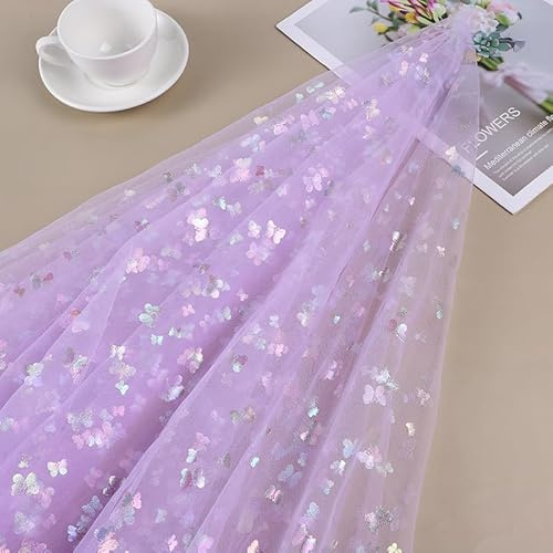 SYSUII 1m * 150cm Glitzer Tüll Dekostoff mit Schmetterling Dekostoff Kostümstoff zum Nähen Netzstoff Netztüll zum Dekorieren Basteln für DIY-Hochzeitskleider Tischdecken Deko -helles Lila