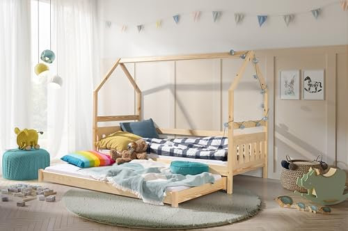 KEF Lily Kinderbett 80x160 cm - Hausbett für Zwei Kinder - Bodenbett aus Holz - Babybett mit Zwei Matratzen - Jugendbett mit Lattenrost mit Rollen für Kinderzimmer - Floor Bed - Kiefer