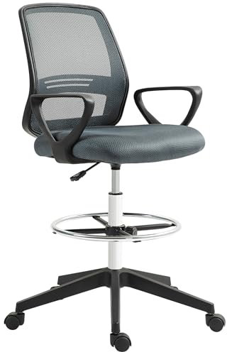 Vinsetto Ergonomic Mesh Back Drafting Chair, Tall Office Chair, Draughtsman Chair with Adjustable Height and Footrest 360° Swivel, Grey