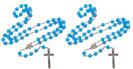 alloneslife Handgefertigte Halskette, handgefertigt, blaue Perlen-Halskette, leuchtende Perlen, Rosenkranz-Halskette mit Anhänger für Gebet und Mode, Beads: 8MM, pendant: 15.5cm, Metalllegierung,