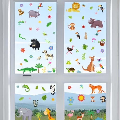 SUPERDANT 6 Blätter Dschungeltiere Fensterbilder Aufkleber Für Kinder Fensterbilder Aufkleber Zoo Tiere Fenstersticker Selbstklebende Aufkleber Kinder Zuhause Klassenzimmer Kindergarten Party Dekor