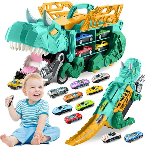 Pardofelis Transport Truck Spielzeugautos für Jungen im Alter von 3 4 5 6 7 Jahren, Tragbares Dinosaurier Truck Spielzeugauto mit 10 Rennautos, Autotransporter Spielzeug Set für Kinder, Grün