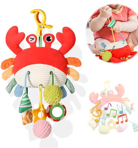 AIRCADIA Baby Kinderwagen Spielzeug mit Ausziehfunktion ab 0 3 6 Monate, Krabbe Anhänger Greifspielzeug Baby Spielzeug mit Spiegel und Ton, Plüsch Hängespielzeug Neugeborenen Mädchen Jungen Geschenk