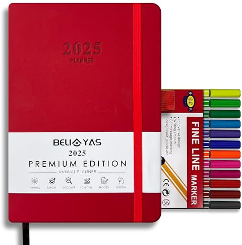 BELIAYAS Terminkalender 2025 A5, Terminplaner Softcover mit PU-Leder, 12-Monate-Kalender (Jan.2025-Dez.2025) mit 12 Farben Fineliner-Stift(0.4mm), 1 Tag 1 Seite, 201 Seiten, Rot
