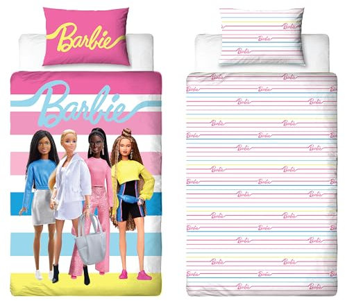 Barbie Offizielles Kinder-Bettwäsche-Set für Einzelbett, unverpacktes Design, wendbar, 2-seitig, Puppen-Bettwäsche, inkl. passendem Kissenbezug, rosa Einzelbett-Set, Polycotton