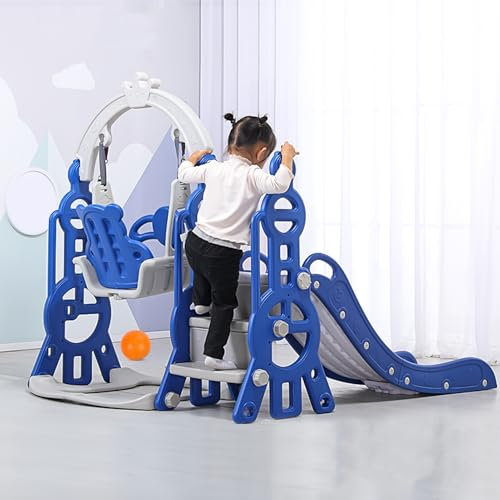 Roadoor Toboggan pour Enfants, Toboggan 5 en 1 avec balançoire, Panier de Basket et Filet de Football, Aire de Jeux pour intérieur et extérieur, Toboggan pour Enfants de 3 à 8 Ans Bleu