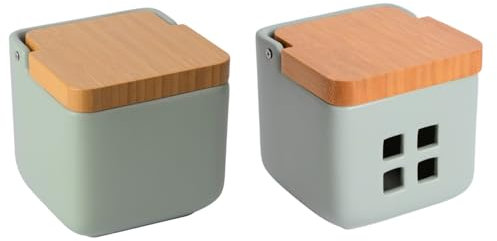 KOOK TIME Set de accesorios cocina - incluye Salero de cocina y bote de Ajos - bote para ajos y salero de cocina con tapa basculante - Cerámica y bambú - 11.5x11.5x11.5 cm. (Set 2 Verde Salvia)