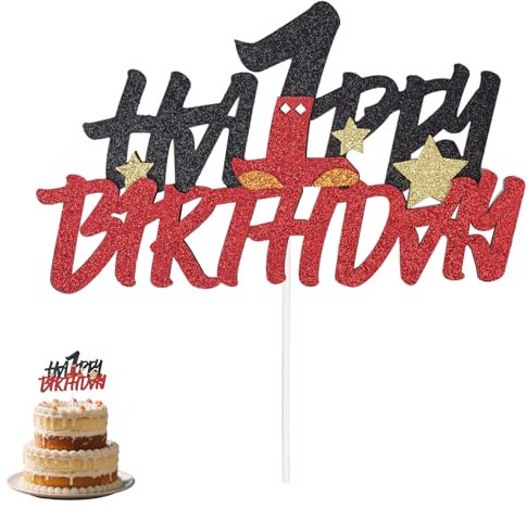 SAVITA Tortenaufsatz Geburtstag, Glitzernd Doppelseitig Roter und Schwarzer Kuchenaufsatz Süß Cartoon-Motive Geburtstagsparty-Dekoration für Jungen und Mädchen (Nummer 1)