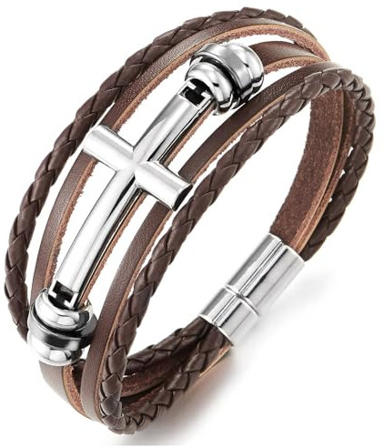 COOLSTEELANDBEYOND Herren Kreuz Leder Armband, Multi-strang Braun Geflochtene Leder Schweißband Armband