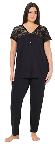 Ulla Popken Damen große Größen Übergrößen Plus Size Pyjama, Spitze, V-Ausschnitt, Spitzen-Halbarm schwarz 62+ 838139100-62+