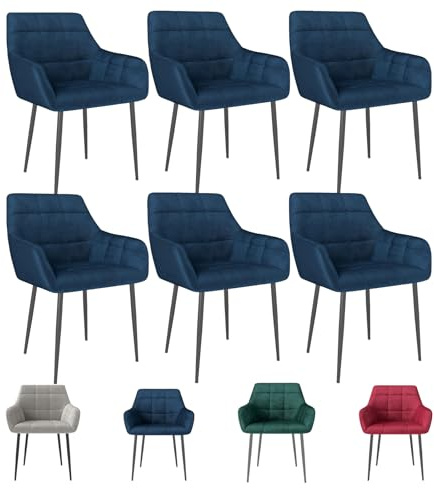 Eccellensedie Esszimmerstühle 6er Set Moderne Küchenstühle – Bequeme Wohnzimmerstuhl Polsterstuhl Sitzfläche Samt mit Armlehnen & Metallfüßen (6, Blau)