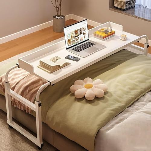 RsxPtyxagoros Height Adjustable Overbed Table with Wheels, Mobile Over Bed Desk with Adjustable Tilt Stand, Mobile Laptop Cart Computer Desk, White (White)