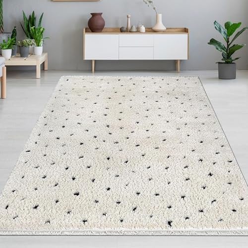 CARPETIA Hochflor Teppich Wohnzimmer großzügige Räume extra groß punktgemustert stilvoll weich langlebig allergikerfreundlich pflegeleicht modern Beige Schwarz 240 x 340 cm