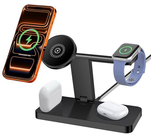 FDGAO 4 in 1 Magnetic Wireless Charging Station for Apple Multiple Devices | 15W Fast Wireless Charger Foldable Stand for Mag-Safe iPhone 17 Pro Max 16 15 14 Plus 13 12,AirPods,Apple Watch Series,Black