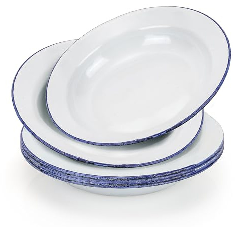 Aramanara 6 Pcs Traditional Enamel Plates, 9.4 Inch Round White Body with Blue Rim Dinner Plates, Retro Large Deep Serving Plates for Salad, Pasta, Camping