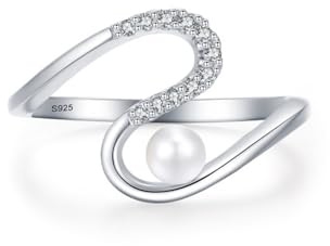 Ayoiow Perlenring Damen Silber 925 Perle, Kurve mit Perlen Damenring Brilliant, 57 (18.1), Geeignet für Geburtstag