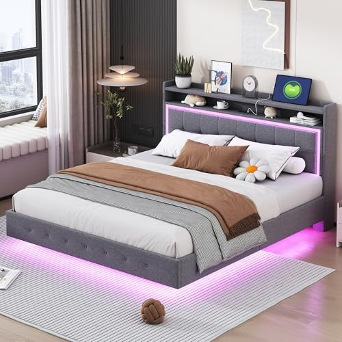 Yihomfy Schwebebett, Polsterbett 160x200 cm mit LED-Beleuchtung & versteckten Füßen, Modernes Bettgestell mit schwebendem Effekt, in Grau