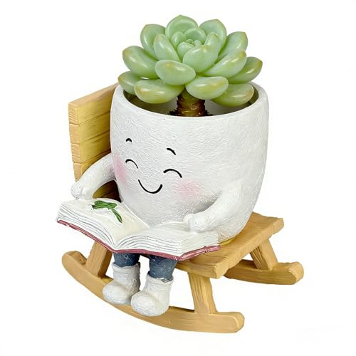 ZBXSNK Smiley Face Funny Plant Pot, Cute Rocking Chair Succulent Plant Pot, Resin Flower Head Succulent Pots for Indoor Outdoor, Garden Gifts for Women